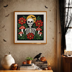 Finished Skeleton and Toadstools punch needle canvas on a wall