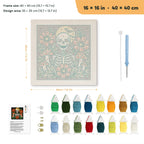 Skeleton and Toadstools punch needle kit, 16 × 16 in (40 × 40 cm): canvas size and kit contents