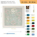 Skeleton and Toadstools punch needle kit, 24 × 24 in (60 × 60 cm): canvas size and kit contents