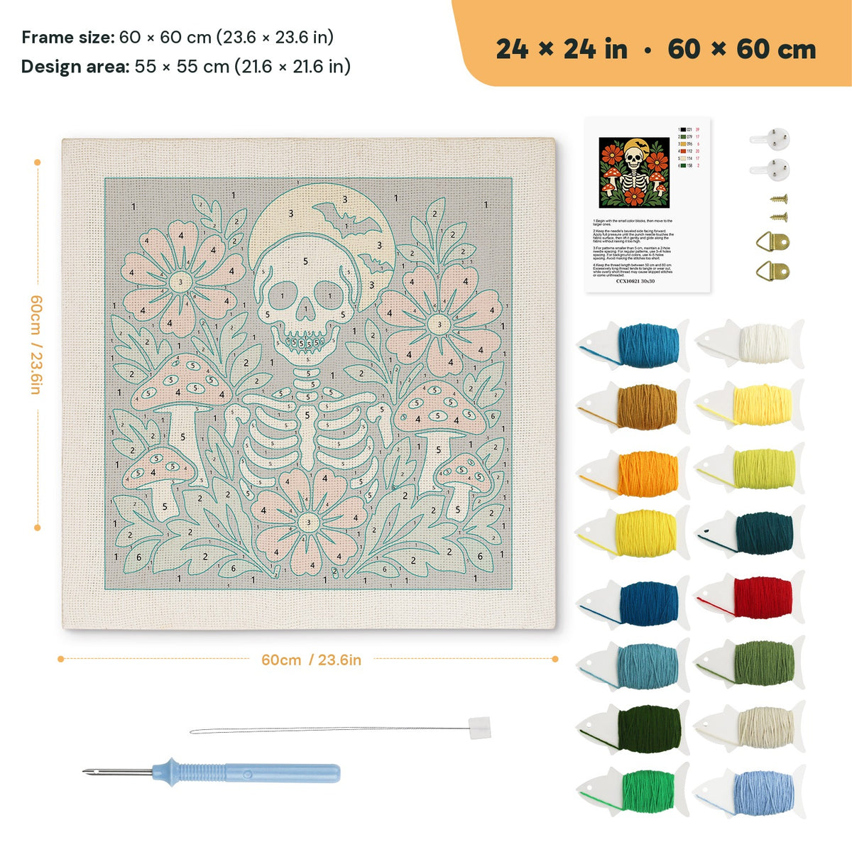Skeleton and Toadstools punch needle kit, 24 × 24 in (60 × 60 cm): canvas size and kit contents