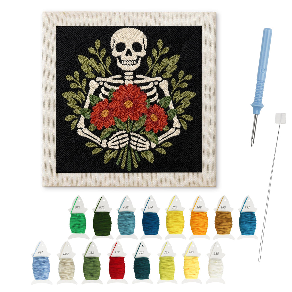 Skeleton Bouquet punch needle kit: finished canvas with threads, punch needle and threader