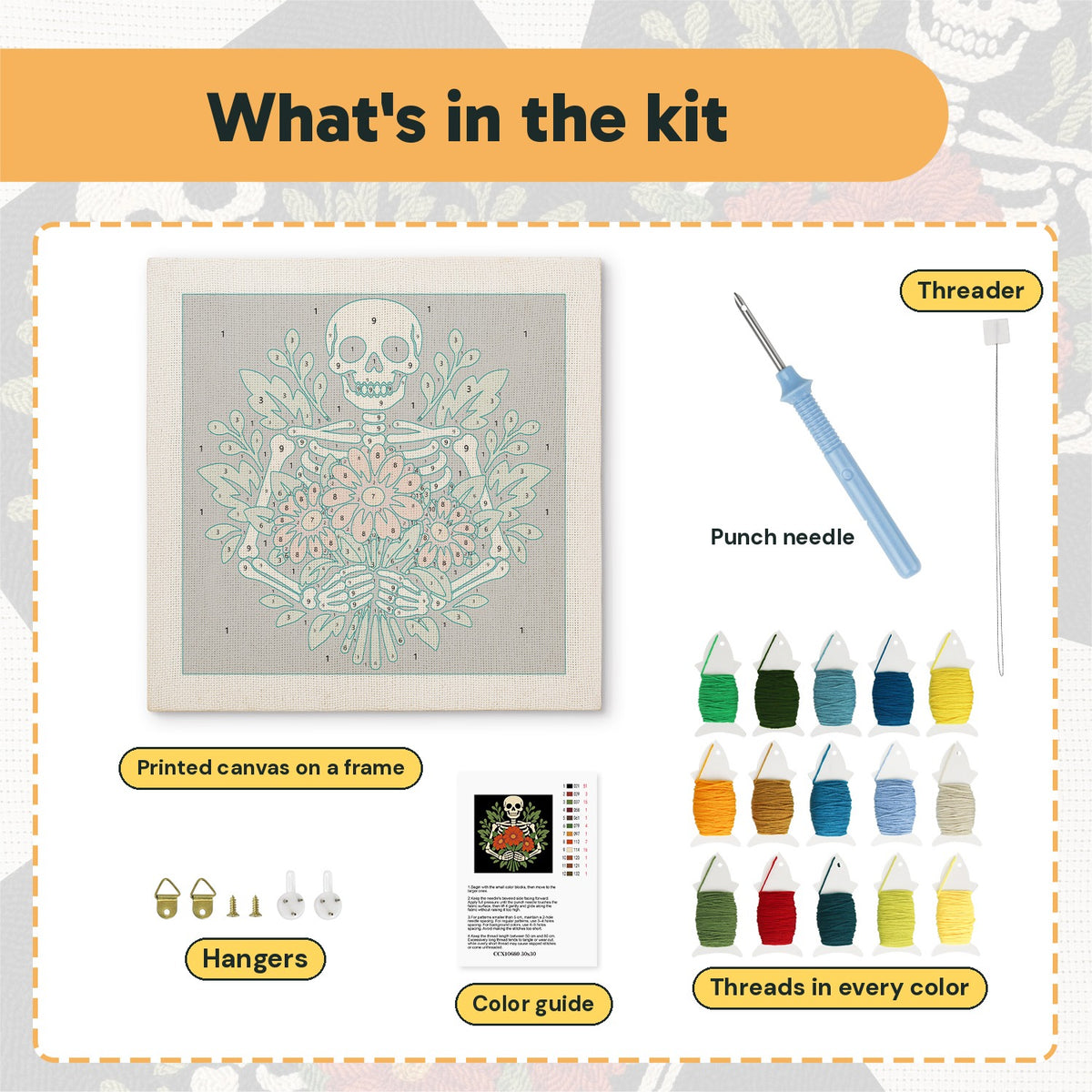 What is in the Skeleton Bouquet kit: printed canvas, punch needle, threader, threads, color guide and hangers