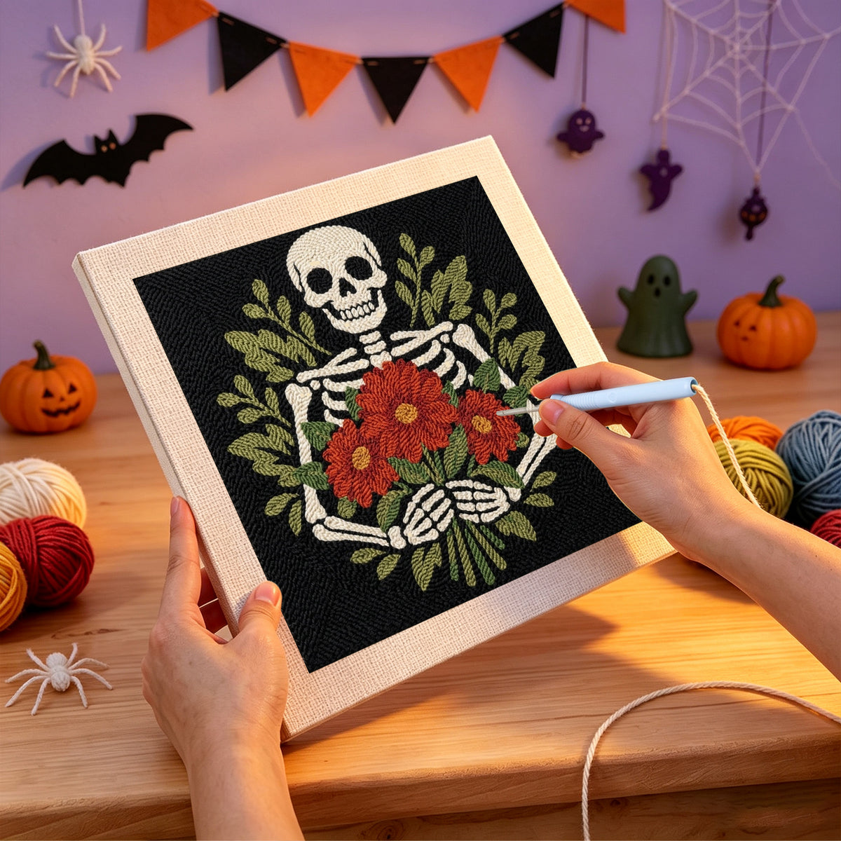 Punching the Skeleton Bouquet design with the punch needle