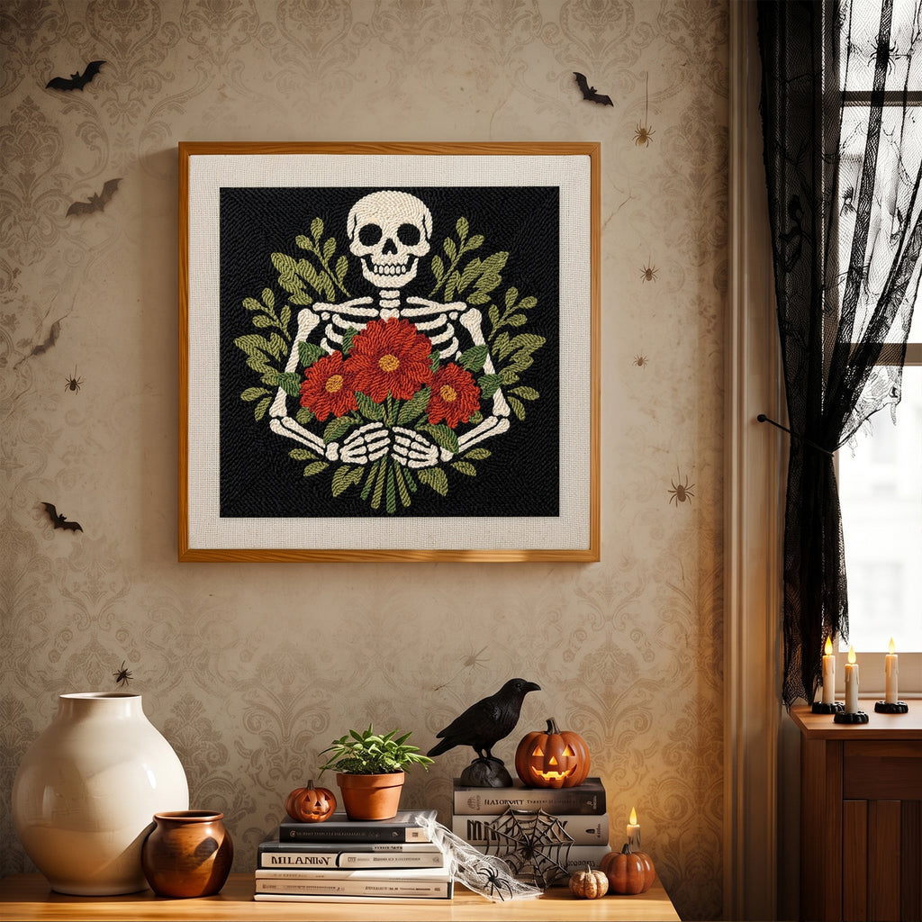 Finished Skeleton Bouquet punch needle canvas on a wall