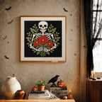 Finished Skeleton Bouquet punch needle canvas on a wall