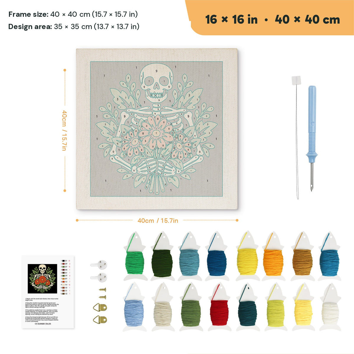 Skeleton Bouquet punch needle kit, 16 × 16 in (40 × 40 cm): canvas size and kit contents