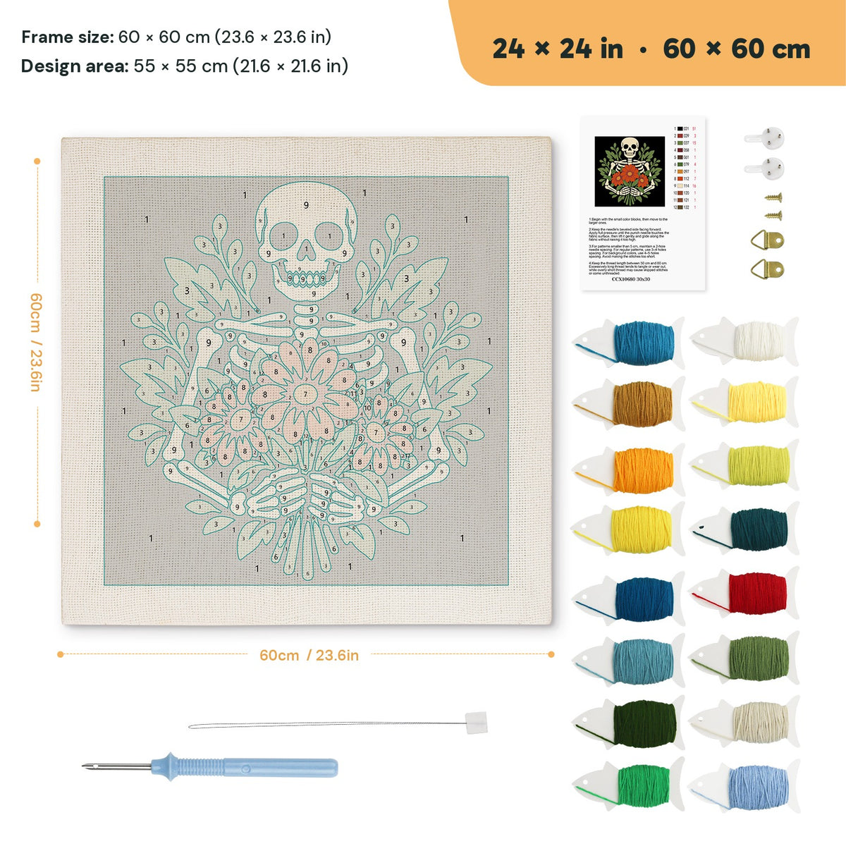 Skeleton Bouquet punch needle kit, 24 × 24 in (60 × 60 cm): canvas size and kit contents