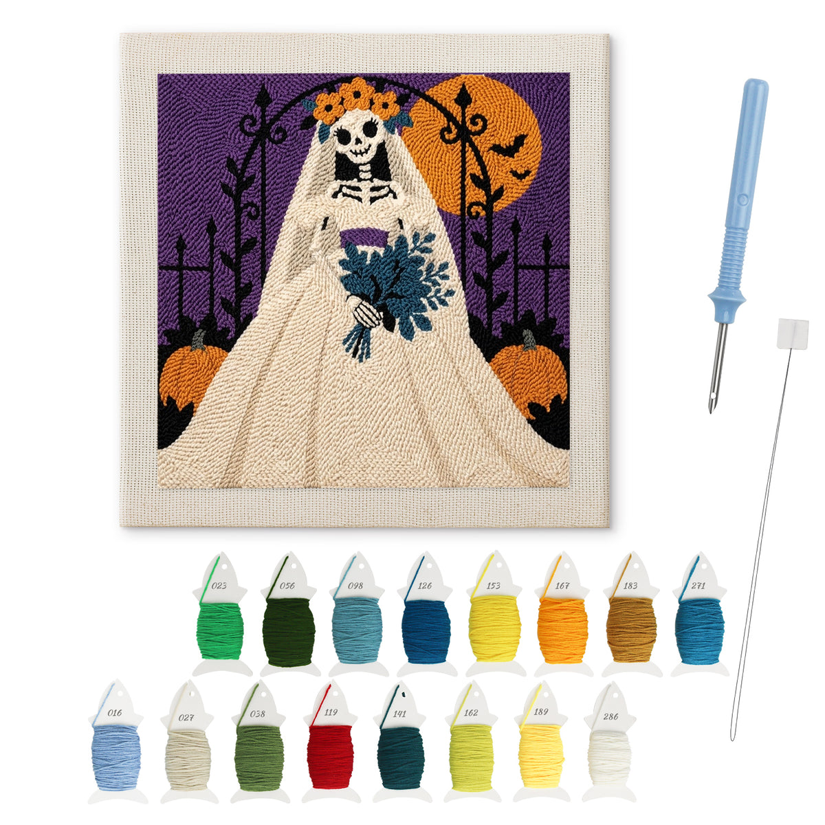 Skeleton Bride punch needle kit: finished canvas with threads, punch needle and threader