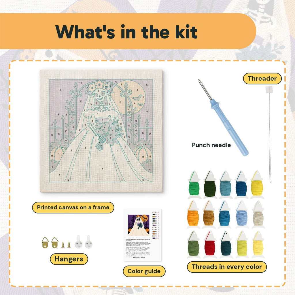 What is in the Skeleton Bride kit: printed canvas, punch needle, threader, threads, color guide and hangers