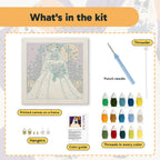 What is in the Skeleton Bride kit: printed canvas, punch needle, threader, threads, color guide and hangers