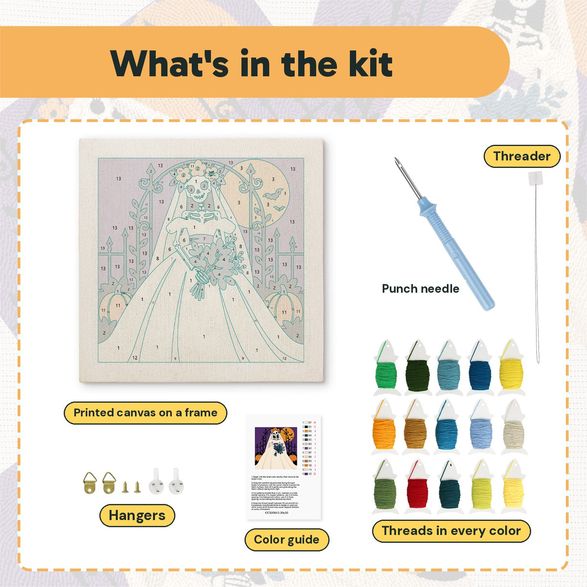 What is in the Skeleton Bride kit: printed canvas, punch needle, threader, threads, color guide and hangers