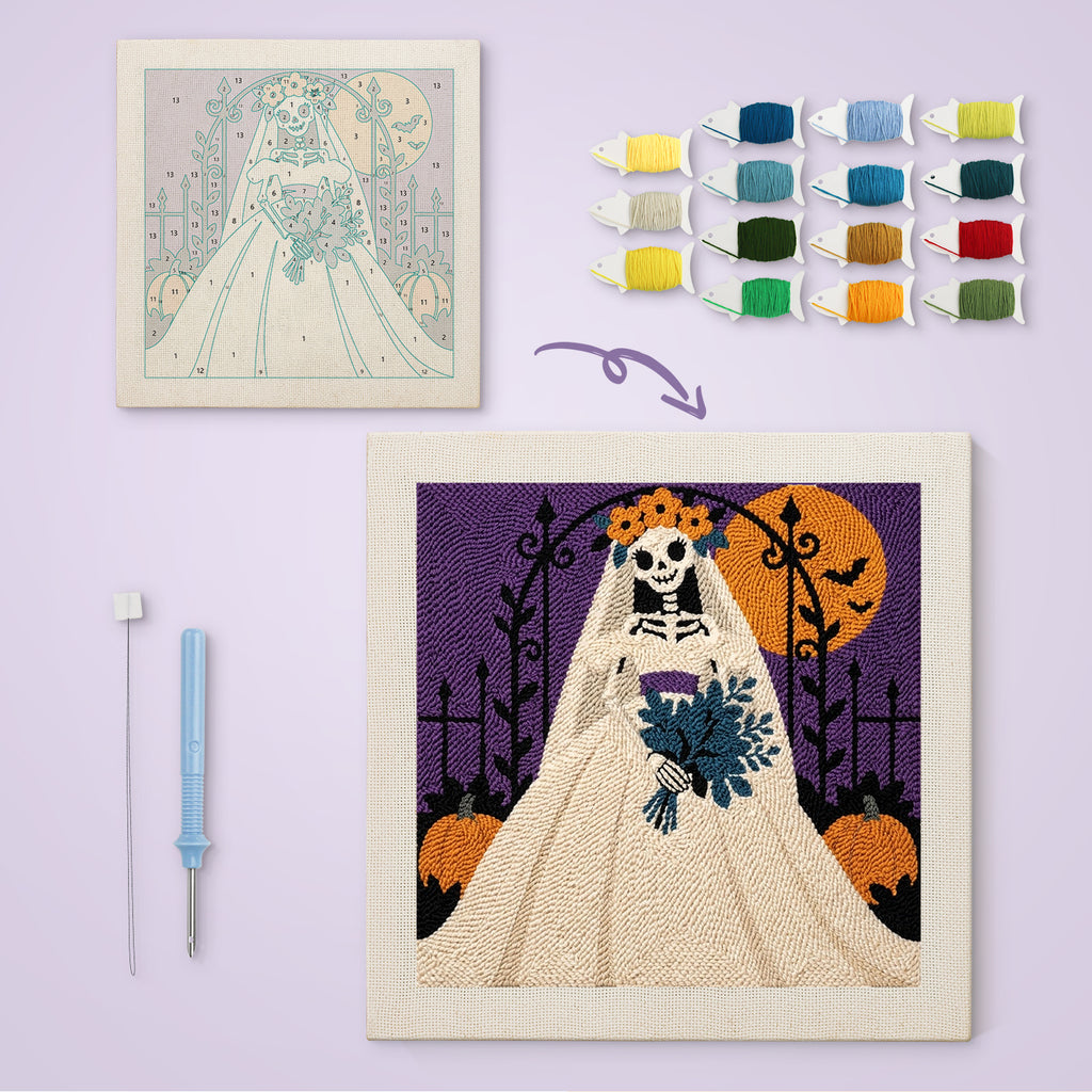 Skeleton Bride canvas before and after punching, with the threads and tools