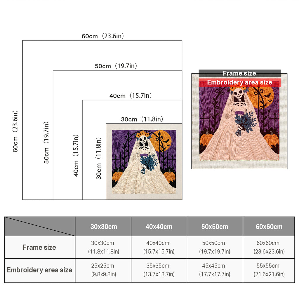 Size chart for square punch needle kits from 30 x 30 cm to 60 x 60 cm
