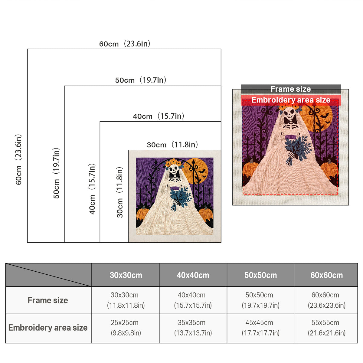 Size chart for square punch needle kits from 30 x 30 cm to 60 x 60 cm