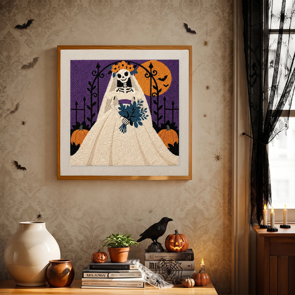 Finished Skeleton Bride punch needle canvas on a wall