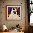 Finished Skeleton Bride punch needle canvas on a wall