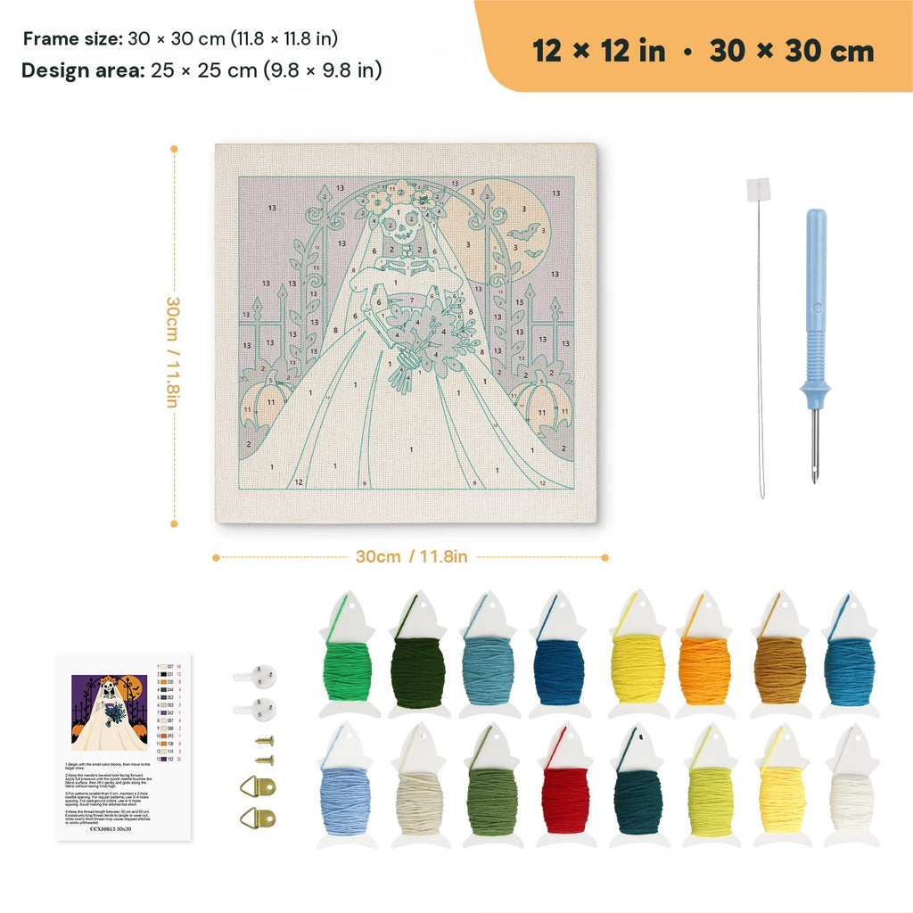 Skeleton Bride punch needle kit, 12 × 12 in (30 × 30 cm): canvas size and kit contents