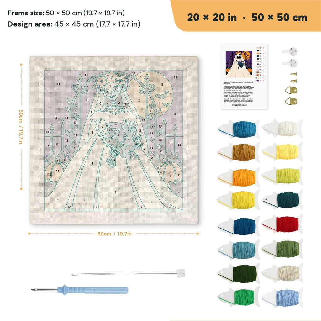 Skeleton Bride punch needle kit, 20 × 20 in (50 × 50 cm): canvas size and kit contents