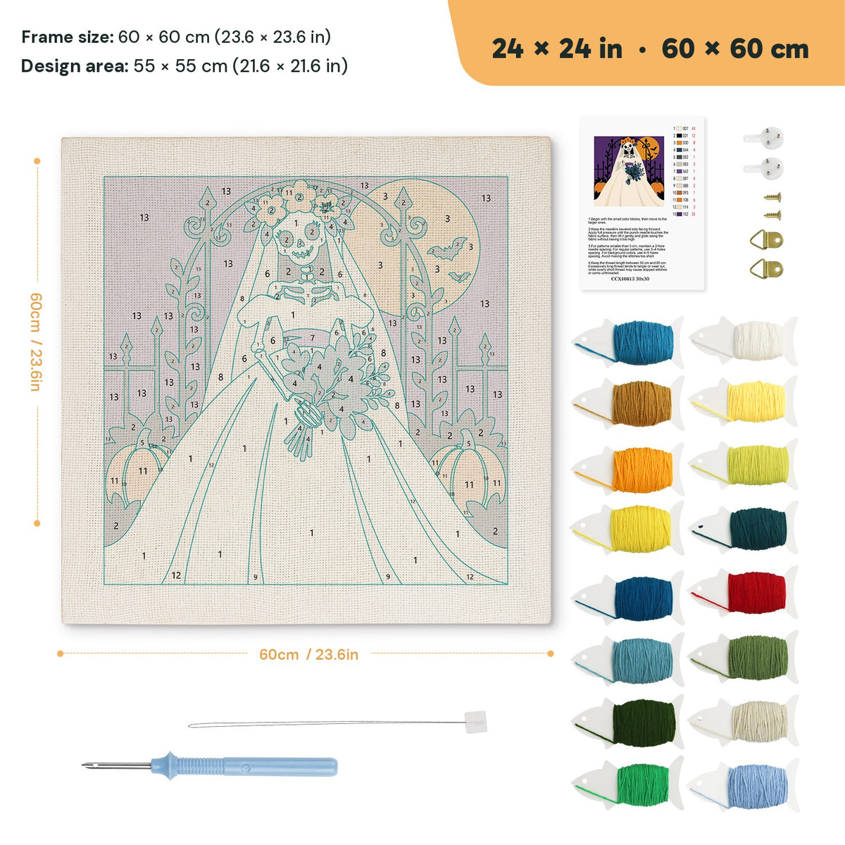 Skeleton Bride punch needle kit, 24 × 24 in (60 × 60 cm): canvas size and kit contents
