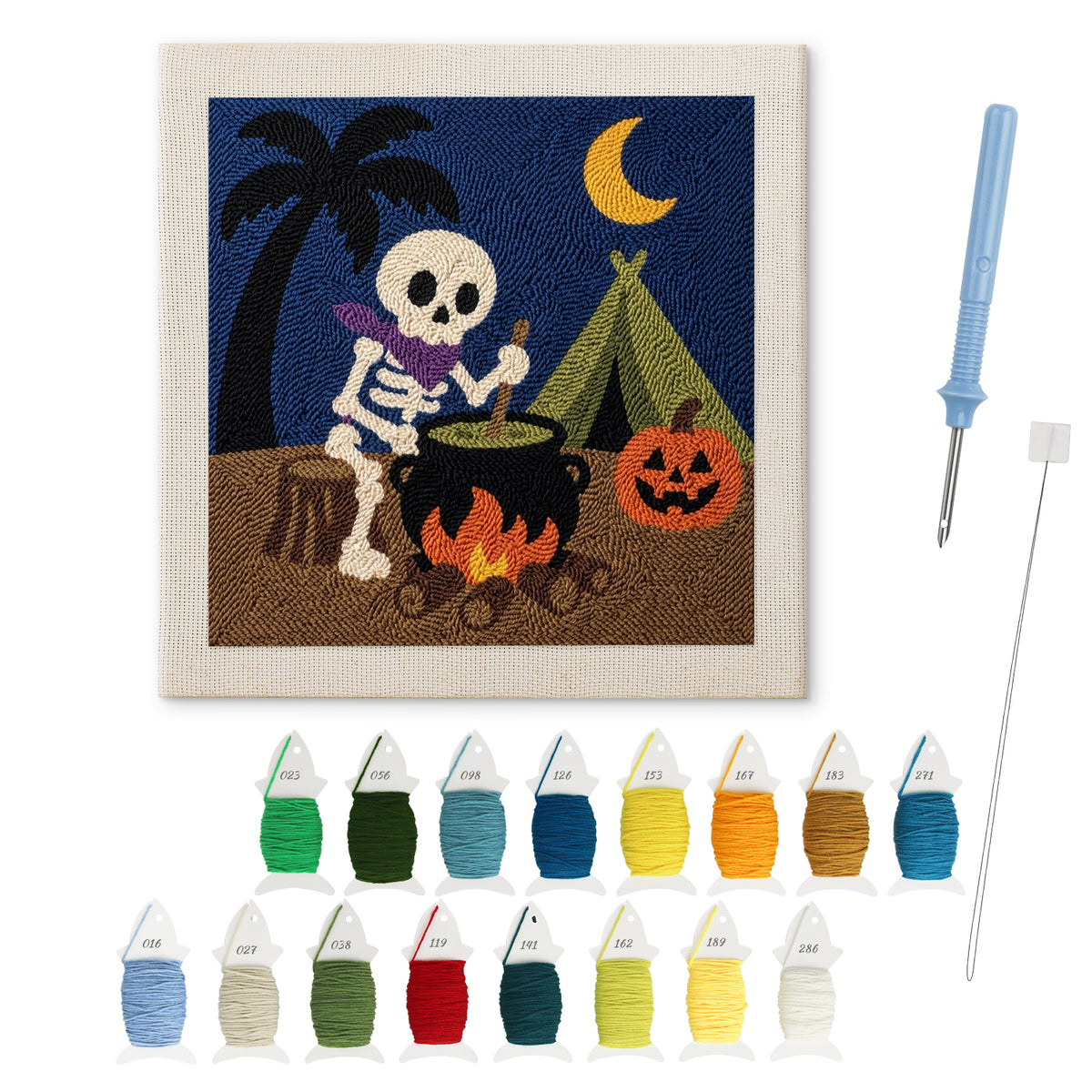 Skeleton Camp Cook punch needle kit: finished canvas with threads, punch needle and threader