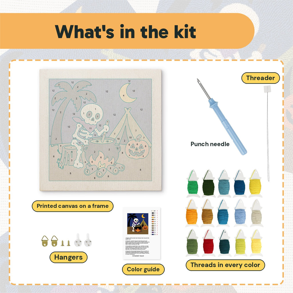 What is in the Skeleton Camp Cook kit: printed canvas, punch needle, threader, threads, color guide and hangers