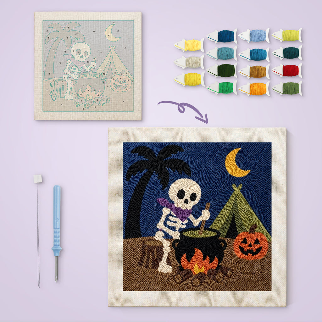 Skeleton Camp Cook canvas before and after punching, with the threads and tools