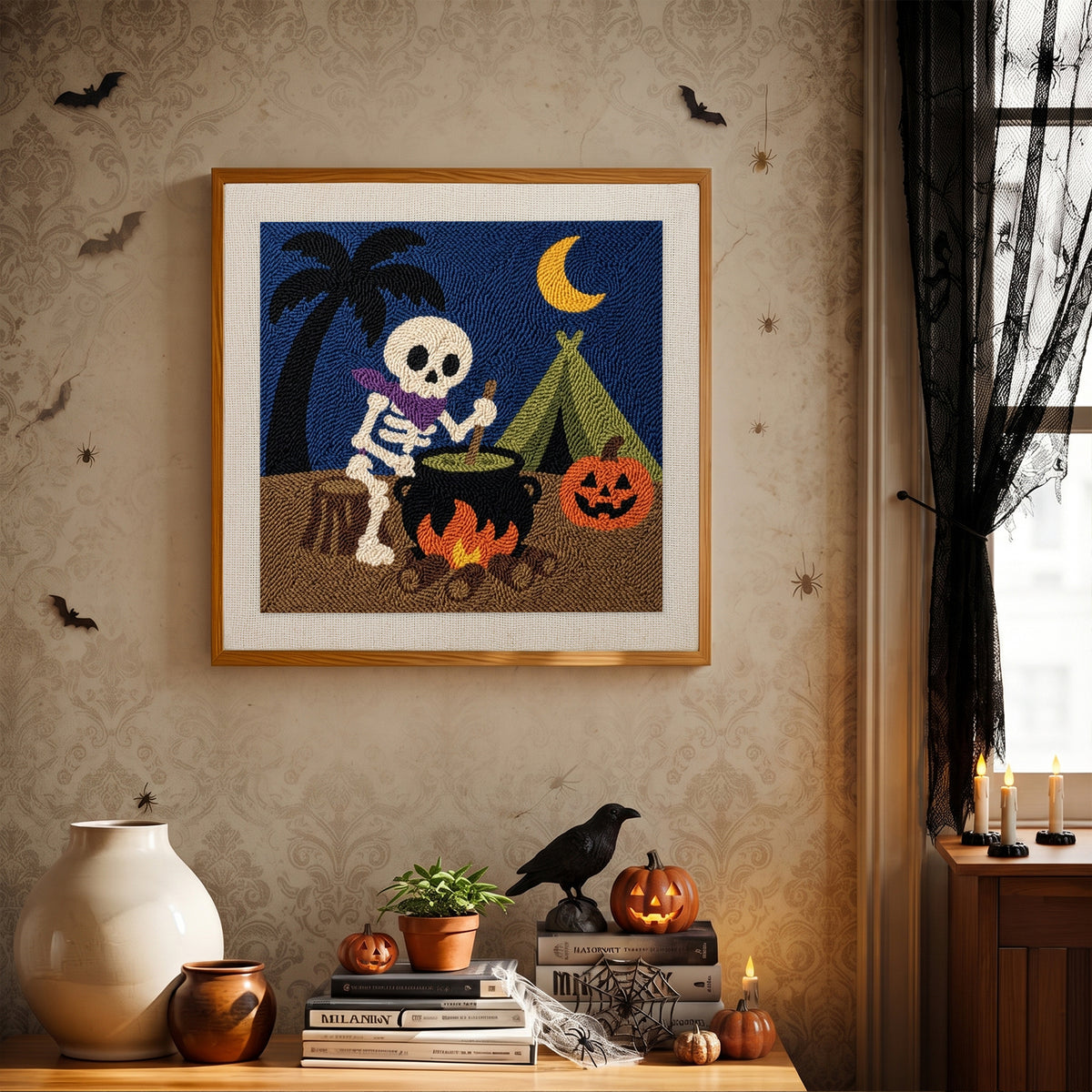 Finished Skeleton Camp Cook punch needle canvas on a wall