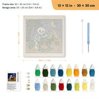Skeleton Camp Cook punch needle kit, 12 × 12 in (30 × 30 cm): canvas size and kit contents