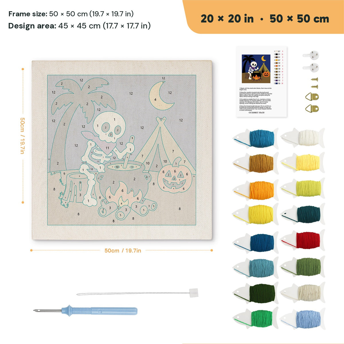 Skeleton Camp Cook punch needle kit, 20 × 20 in (50 × 50 cm): canvas size and kit contents