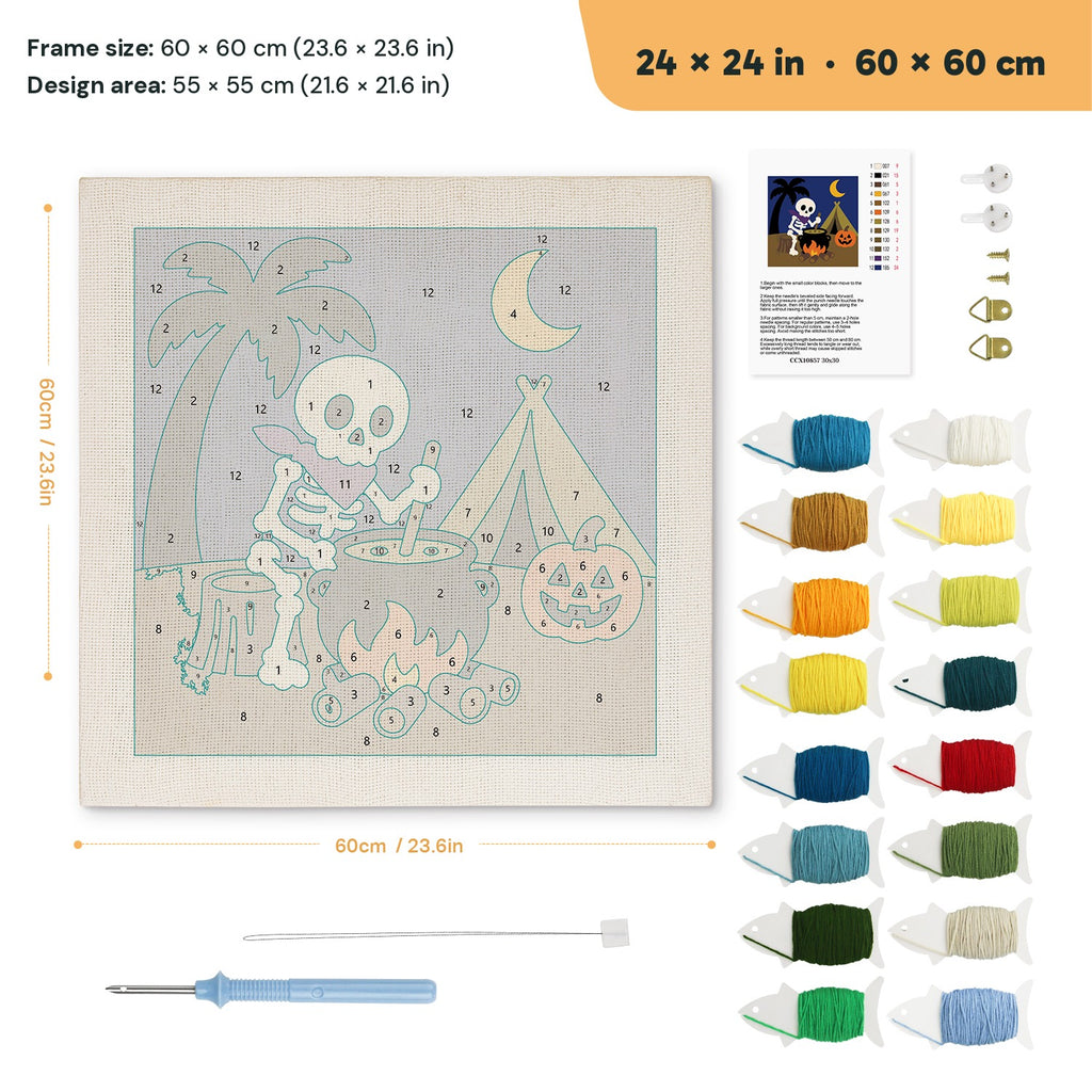 Skeleton Camp Cook punch needle kit, 24 × 24 in (60 × 60 cm): canvas size and kit contents