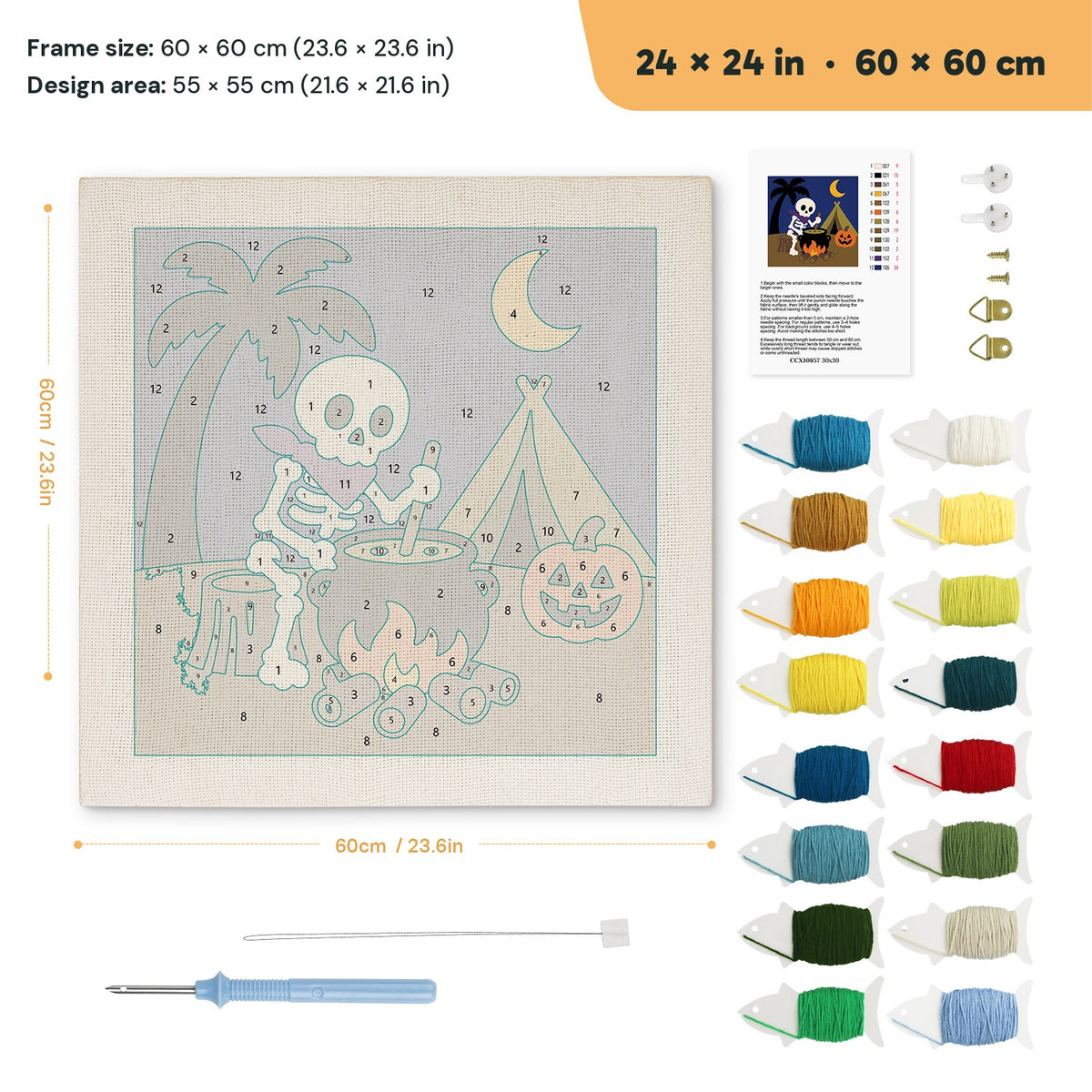 Skeleton Camp Cook punch needle kit, 24 × 24 in (60 × 60 cm): canvas size and kit contents