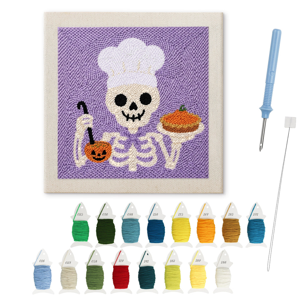 Skeleton Chef punch needle kit: finished canvas with threads, punch needle and threader