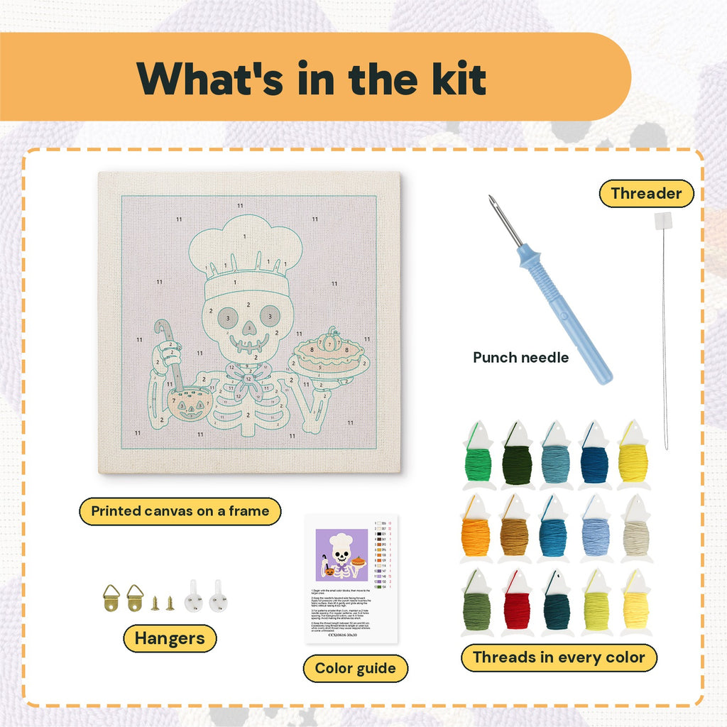 What is in the Skeleton Chef kit: printed canvas, punch needle, threader, threads, color guide and hangers