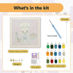 What is in the Skeleton Chef kit: printed canvas, punch needle, threader, threads, color guide and hangers