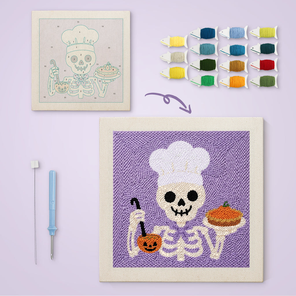 Skeleton Chef canvas before and after punching, with the threads and tools