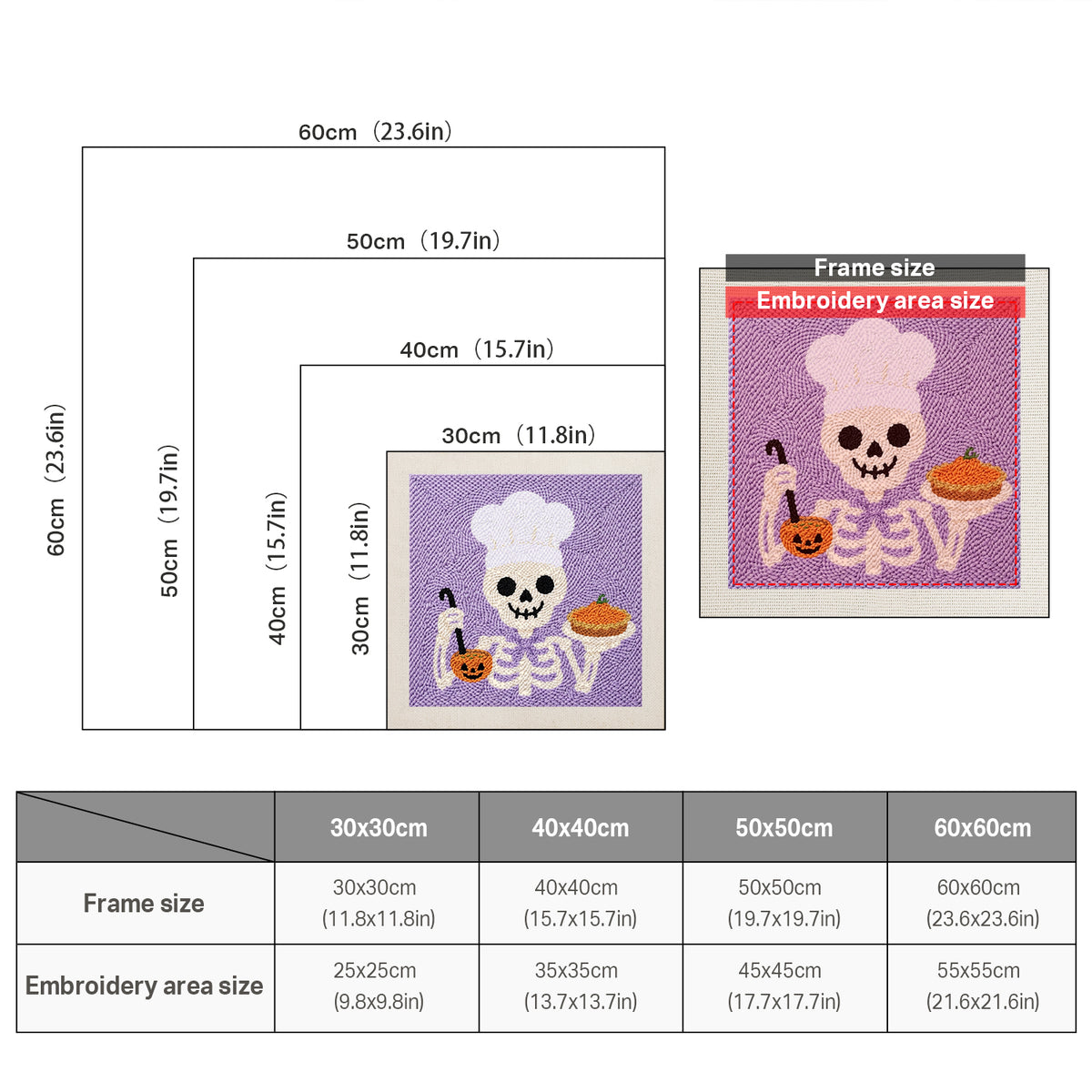 Size chart for square punch needle kits from 30 x 30 cm to 60 x 60 cm