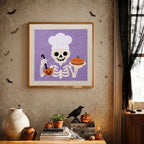 Finished Skeleton Chef punch needle canvas on a wall