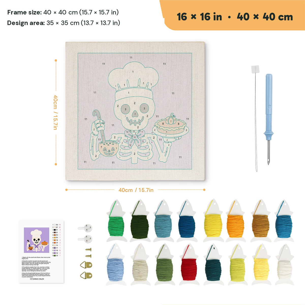 Skeleton Chef punch needle kit, 16 × 16 in (40 × 40 cm): canvas size and kit contents