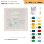 Skeleton Chef punch needle kit, 20 × 20 in (50 × 50 cm): canvas size and kit contents