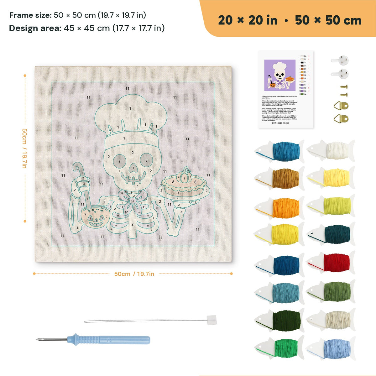 Skeleton Chef punch needle kit, 20 × 20 in (50 × 50 cm): canvas size and kit contents