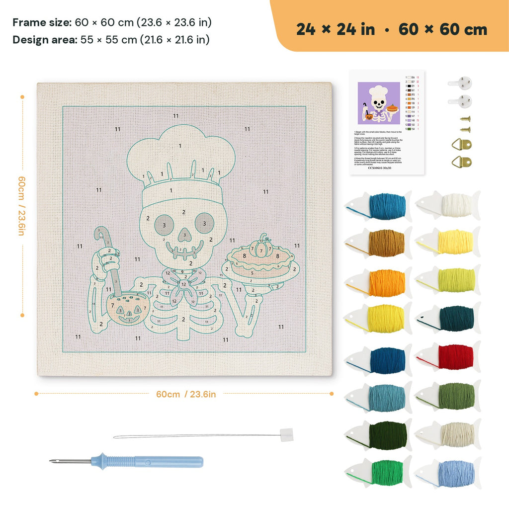 Skeleton Chef punch needle kit, 24 × 24 in (60 × 60 cm): canvas size and kit contents