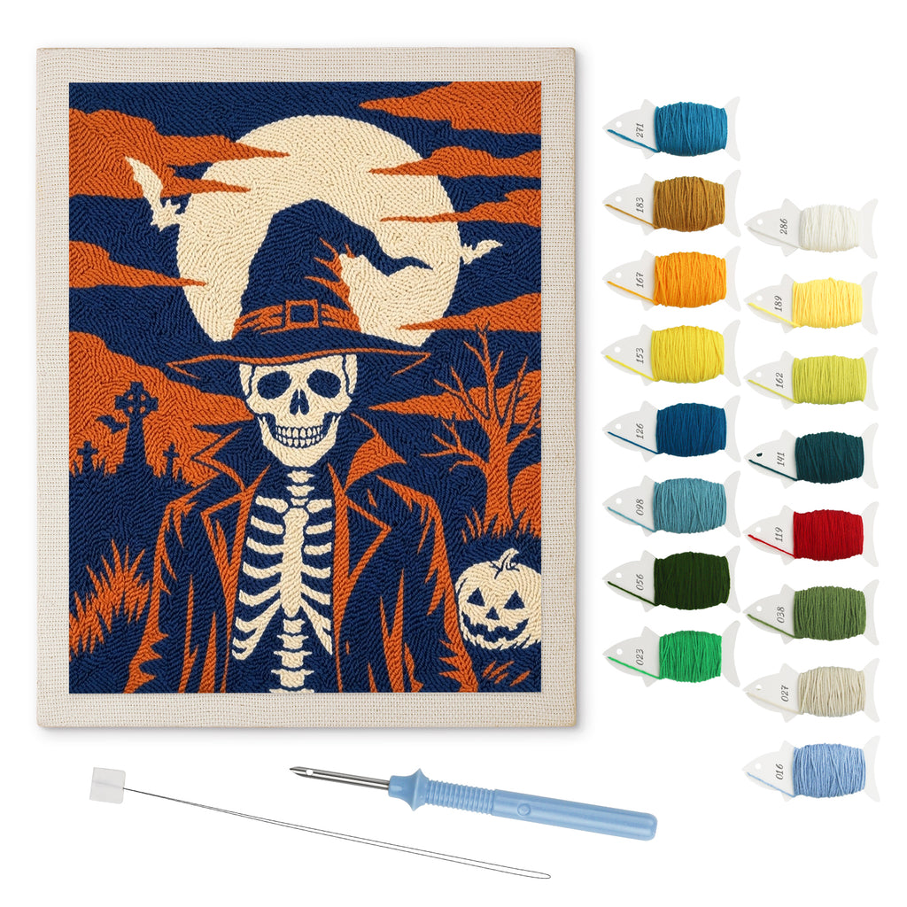 Skeleton in a Witch Hat punch needle kit: finished canvas with threads, punch needle and threader