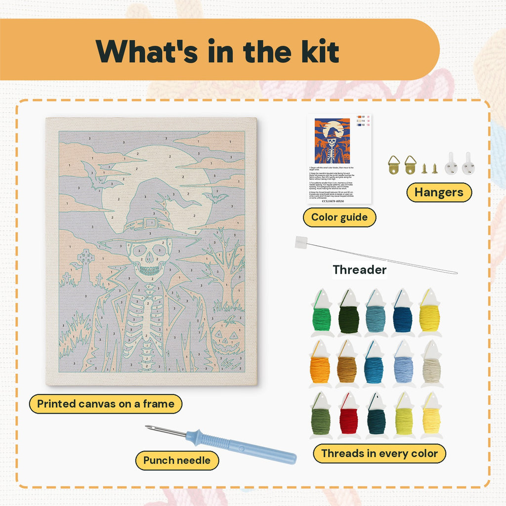 What is in the Skeleton in a Witch Hat kit: printed canvas, punch needle, threader, threads, color guide and hangers