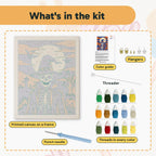 What is in the Skeleton in a Witch Hat kit: printed canvas, punch needle, threader, threads, color guide and hangers