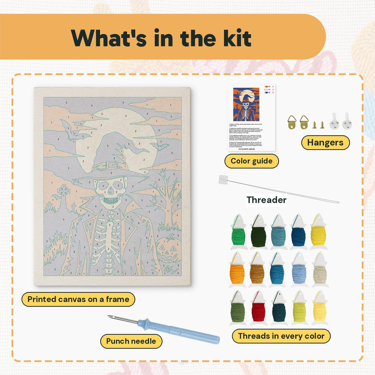What is in the Skeleton in a Witch Hat kit: printed canvas, punch needle, threader, threads, color guide and hangers