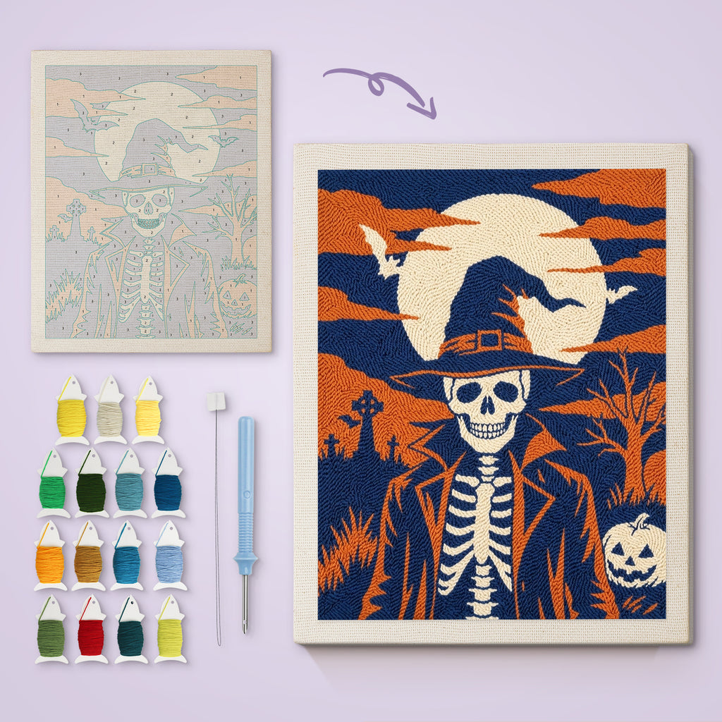 Skeleton in a Witch Hat canvas before and after punching, with the threads and tools