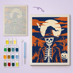 Skeleton in a Witch Hat canvas before and after punching, with the threads and tools