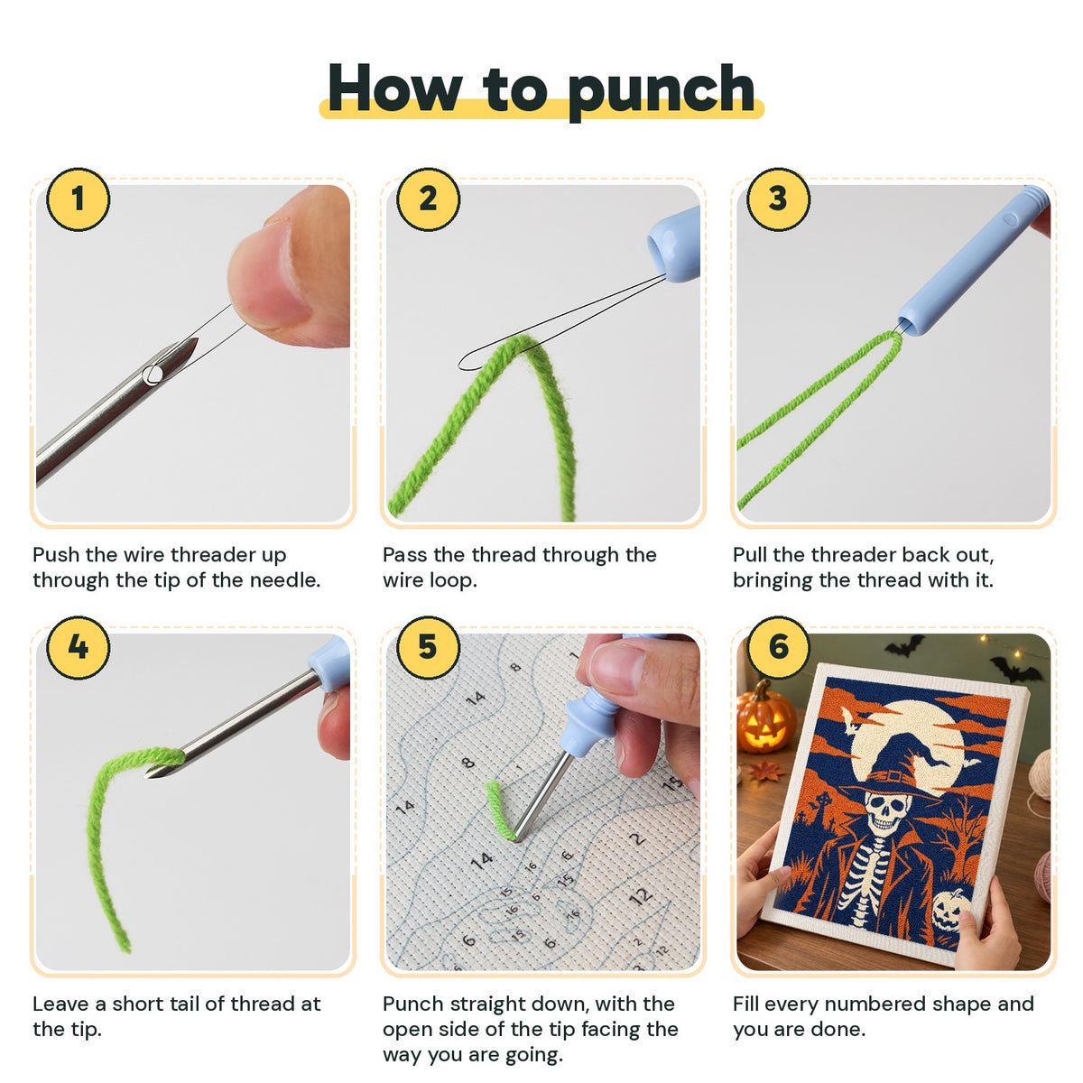 Six steps showing how to thread and use the punch needle