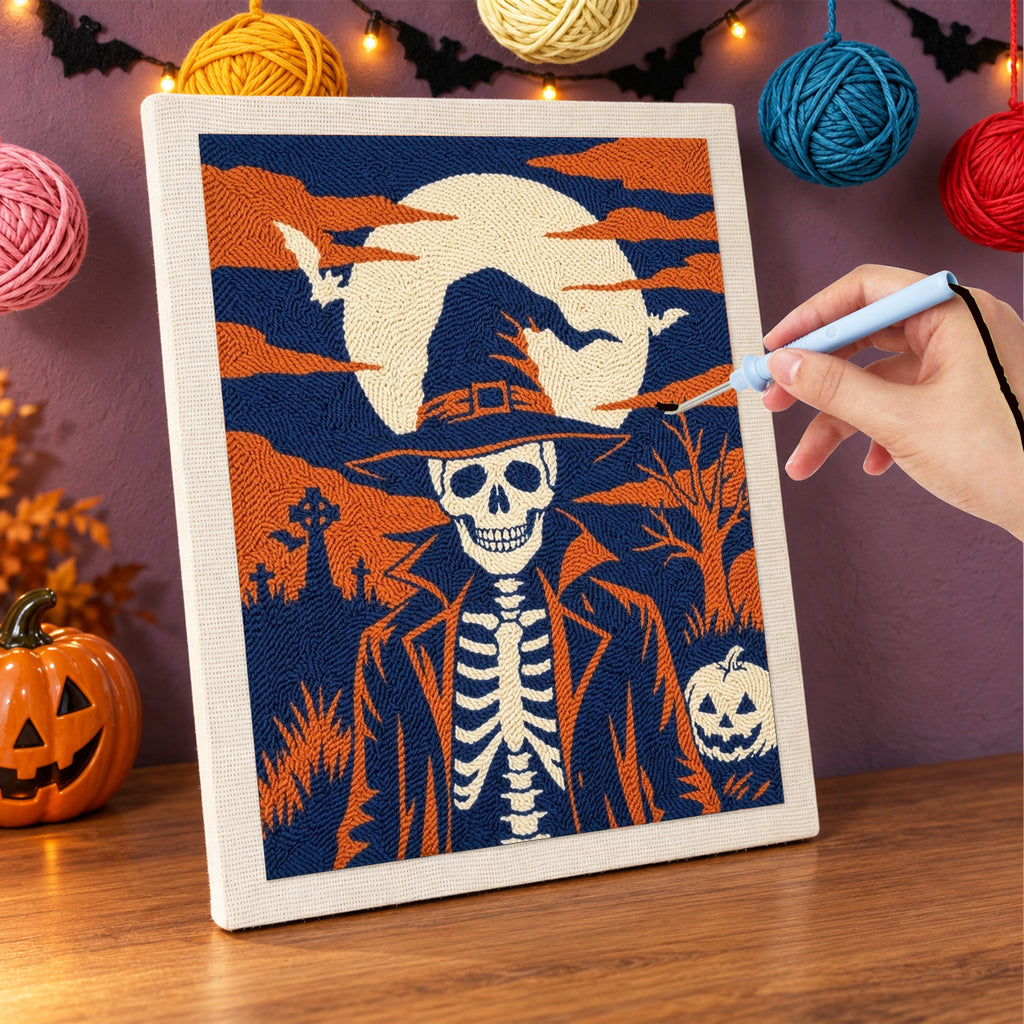 Punching the Skeleton in a Witch Hat design with the punch needle