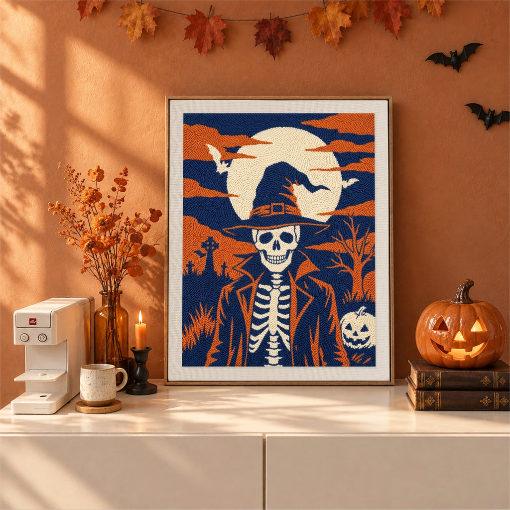 Finished Skeleton in a Witch Hat punch needle canvas on a wall